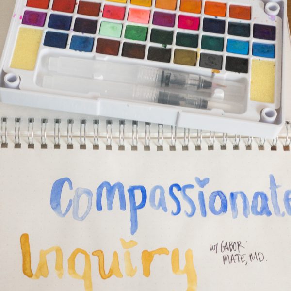 Journal with the words Compassionate Inquiry painted on it in Blue and Yellow