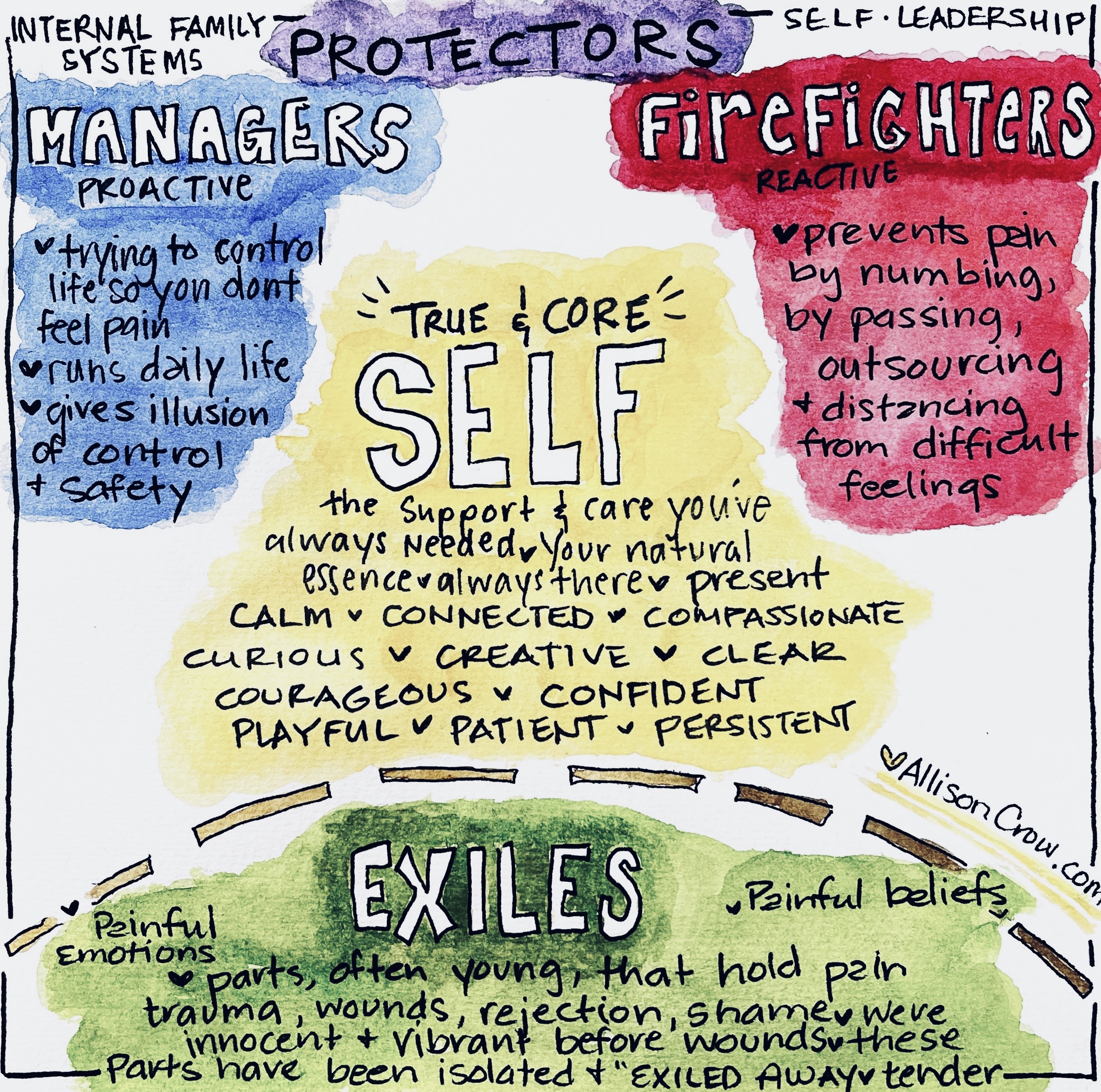 A visual of the Internal Family Systems Model with Self, Managers, Firefighters ,and Exiles drawn in pen and watercolor by allison crow.