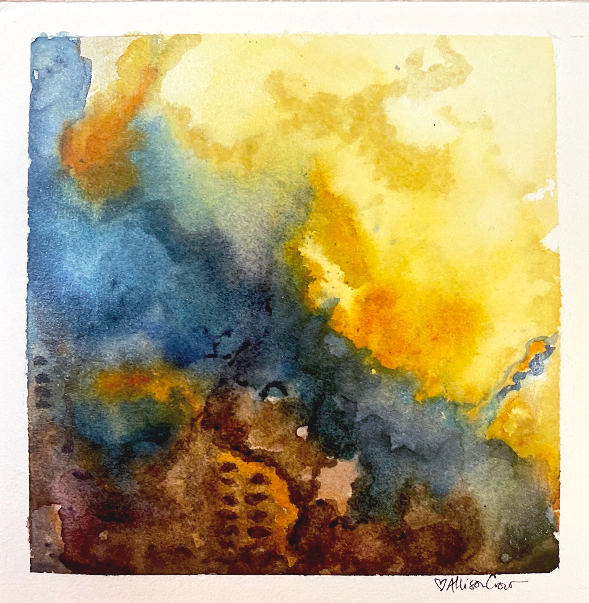 watercolor with diagonal movement with browns, naby blue and golden oranges and yellows.