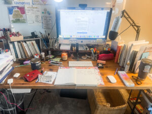 Creative living - photo of 1997 pottery barn wood desk with all my creative tools and technology