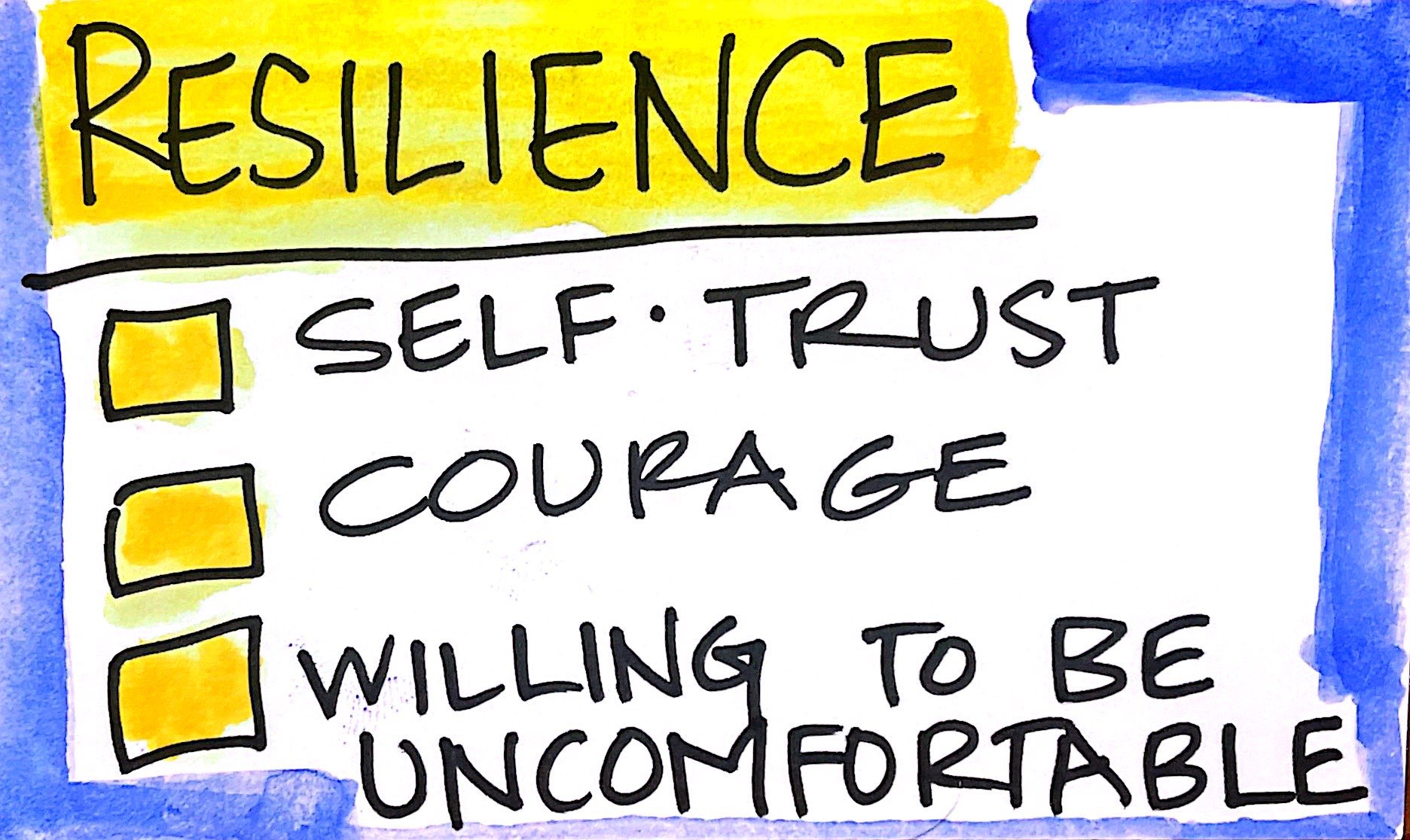 A chart that reads Resilience as a heading with 3 points underneath. 1. Self Trust. 2. Courage. 3. Willingness to be uncomfortable.